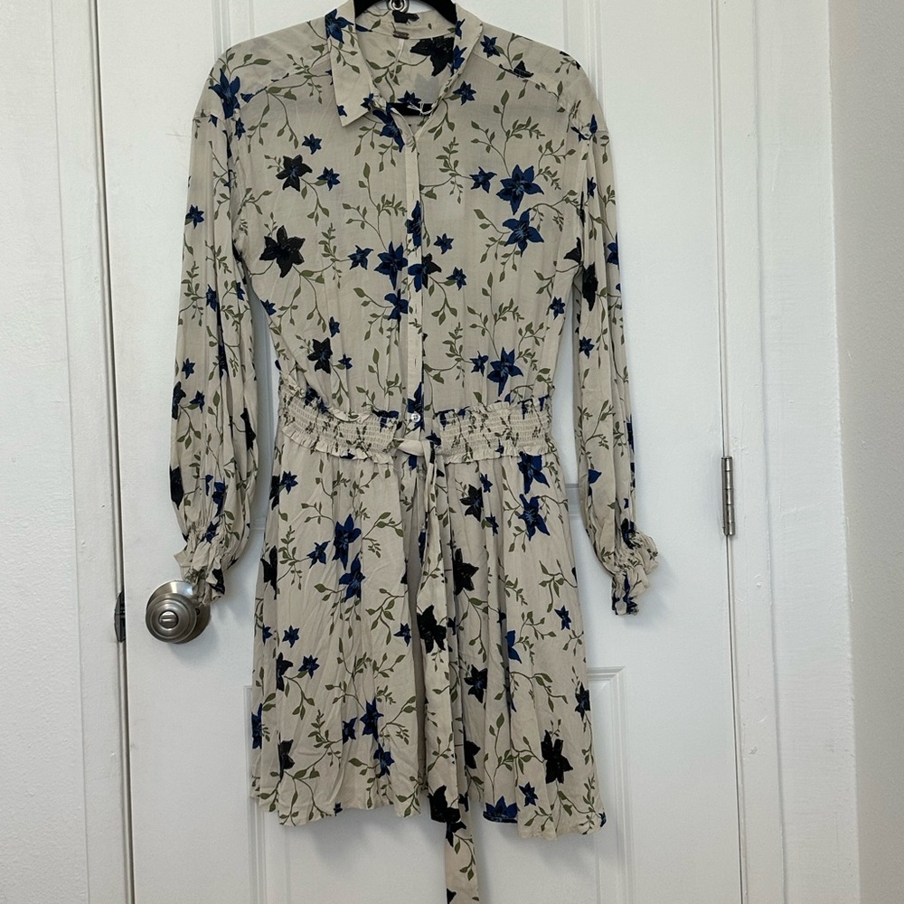 Free People Blue Cuffed Sleeve Midi Shirt Dress